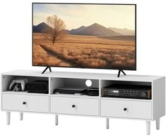 HOMCOM TV spintelė TV lenta su stalčiais, 3 atviri skyriai 140 cm ilgio TV lenta su kabelių valdymu, skirta televizoriams iki 75 colių TV staliukas svetainėje, baltas 140x34x45cm