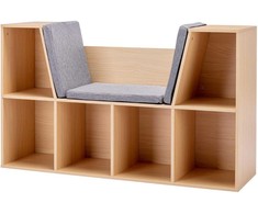 HOMCOM Vaikiška lentyna / knygų lentyna su sėdyne, 6 skyriais ir žaislų dėže, 3 pagalvėlės, nuo 3 metų, pilka + natūrali, 103 x 30 x 62 cm