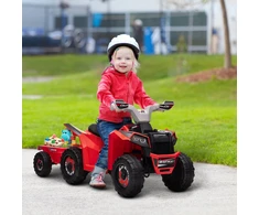 HOMCOM vaikiškas elektrinis keturratis 6V, vaikiška transporto priemonė, elektromobilis su priekaba vaikams 1,5–3 metų, 2,5 km/val., metalas, 106 x 41,5 x 48,5 cm, raudona
