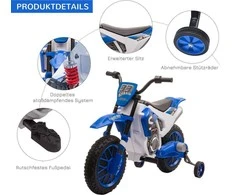 HOMCOM vaikiškas elektrinis motociklas 12V, su 2 nuimamais pagalbiniais ratukais, nuo 3 metų, PP metalas, mėlynas ir baltas
