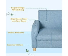 HOMCOM vaikiškas fotelis, vaikiška sofa su storu porolonu ir sėdimąja pagalvėle, neslystančios kojelės, mėlyna, 49x45x44,5 cm