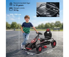 HOMCOM vaikiškas kartingas, reguliuojama sėdynė, pedalinis automobilis su guminiais ratais ir rankiniu stabdžiu, skirtas 5–12 metų vaikams, lauko pramogoms, raudona ir juoda spalva
