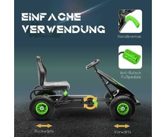 HOMCOM vaikiškas kartingas su reguliuojama sėdyne, guminėmis padangomis, pedalais ir rankiniu stabdžiu, nuo 5 metų, žalias su juoda