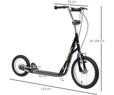 HOMCOM vaikiškas paspirtukas 16/12 colių paspirtukas su stabdžiais, miesto paspirtukas, kickboard vaikams nuo 5 metų, juodas, 135x58x92-100 cm