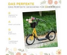 Reguliuojamo aukščio paspirtukas HOMCOM vaikams su dideliais guminiais ratukais, 2 stabdžiais, krepšeliu, puodelio laikikliu, 5-12 metų vaikams, oranžinis | Aosom