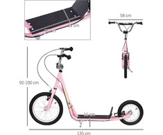HOMCOM Vaikiškas paspirtukas su stabdžiais 16/12 colių paspirtukas pedalinis paspirtukas miesto paspirtukas vaikų paspirtukas kickboard 5+ metų vaikams rožinis 135 x 58 x 92-100 cm