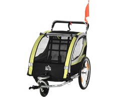 HOMCOM vaikiško dviračio priekaba 2 in 1 su pakaba, tinklinės durelės, 360° pasukamas priekinis ratas, stabdžiai, geltona+juoda, 142x75x101cm