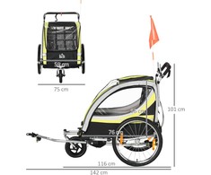 HOMCOM vaikiško dviračio priekaba 2 in 1 su pakaba, tinklinės durelės, 360° pasukamas priekinis ratas, stabdžiai, geltona+juoda, 142x75x101cm