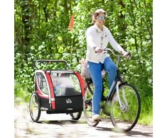 HOMCOM vaikiško dviračio priekaba 2 in 1 su pakaba, tinklinės durelės, 360° pasukamas priekinis ratas, stabdžiai, raudona+juoda, 142x75x101cm