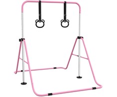 "HOMCOM" Vaikų gimnastikos horizontalioji lazda 5 pakopų reguliuojamo aukščio horizontalioji lazda horizontalioji lazda su gimnastikos žiedais, skirta naudoti patalpose, iki 50 kg apkrovos, plieninė rožinė