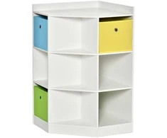 HOMCOM Vaikų kampinė lentyna su 3 laikymo dėžėmis, žaislų lentyna vaikų kambariui, skirta 3-12 metų vaikams, balta, 57,4 x 57,4 x 94 cm