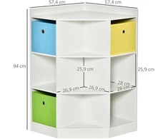 HOMCOM Vaikų kampinė lentyna su 3 laikymo dėžėmis, žaislų lentyna vaikų kambariui, skirta 3-12 metų vaikams, balta, 57,4 x 57,4 x 94 cm