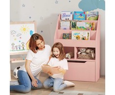 HOMCOM Vaikų knygų lentyna su stalčiumi, 3 lentynomis ir 2 atvirais skyriais, vaikiško kambario, žaidimų kambario laikymo lentyna, rožinė, 60 x 29,9 x 90 cm