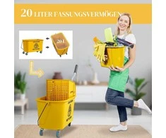 HOMCOM Valymo vežimėlis 20L su gręžtuvu ir šlavimo rinkiniu, kibiras su mopas ir ratuku