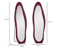 HOMCOM viso ūgio veidrodis 50 x 160 cm, pastatomas veidrodis su aksominiu rėmo apmušalu, netaisyklingas banguotas sieninis veidrodis miegamajam, svetainei, baltas