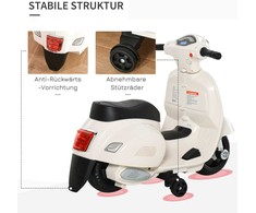 Homcom VESPA elektrinis motociklas vaikams, 18-36 mėn., 3 km/val., LED šviesa ir garsas, PP plastikas ir metalas, baltas, 66,5x38x52 cm