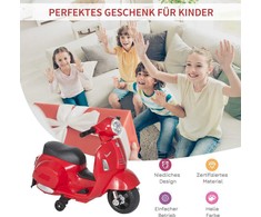 HOMCOM VESPA elektrinis vaikiškas motociklas, 18-36 mėn., 3 km/h, LED šviesos, garsas, PP plastikas, metalas, raudonas, 66,5 x 38 x 52 cm