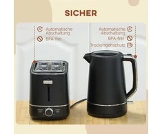 HOMCOM virdulio ir skrudintuvo rinkinys, 2200 W, 1,7 l virdulys, 2 riekelių skrudintuvas, 6 skrudinimo lygiai, pašildymo ir atitirpinimo funkcijos, pusryčių komplektas su kalkių filtru ir trupinių padėklu, juodas