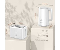 HOMCOM virdulys ir skrudintuvas, 1,5 l virdulys ir skrudintuvas 2 skrudinimo riekelėms, 2200 W pusryčių rinkinys su 7 skrudinimo lygiais, atitirpinimo ir pašildymo funkcija, automatiniu išjungimu ir LED indikatoriumi, baltas