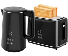 HOMCOM Virdulys-Skrudintuvas Rinkinys 1,5L Virdulys 2 Skrudintuvai 2200W Pusryčių Rinkinys su 7 Skrudinimo Lygiais, Atšildymo ir Šildymo Funkcija, Automatiniu Išjungimu ir Trupinėlių Dėklu, Juodas