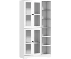 HOMCOM virtuvinė spintelė su stiklinėmis durelėmis, lentynomis, atviromis lentynėlėmis, 172 cm aukščio, MDF, balta