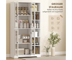 HOMCOM virtuvinė spintelė su stiklinėmis durelėmis, lentynomis, atviromis lentynėlėmis, 172 cm aukščio, MDF, balta