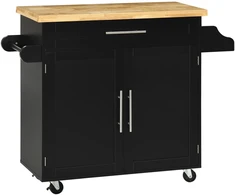HOMCOM virtuvinis vežimėlis, serviravimo vežimėlis su stalviršiu, prieskonių lentyna, rankšluosčių laikikliu svetainei, valgomajam, juodas, 109 x 40 x 89 cm