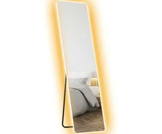 "HOMCOM" Viso ilgio veidrodis, 150 x 40 cm dydžio stovintis veidrodis su LED apšvietimu, 3 šviesos spalvos, sieninis veidrodis su stovu, jutiklinis jungiklis, skirtas miegamajam, svetainei, skaidrus