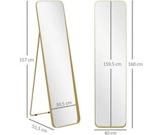 HOMCOM viso ūgio veidrodis 160 x 40 cm, siaurėjantis pastatomas veidrodis su metaliniu rėmu ir dūžiams atspariu stiklu, sieninis veidrodis statymui, atraišai, veidrodis svetainei, miegamajam, prieškambariui, auksinis