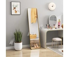 HOMCOM viso ilgio veidrodis 160 x 40 cm, modernus laisvai pastatomas veidrodis su metaliniu rėmu ir nedūžtančiu stiklu, sieninis veidrodis, skirtas statyti, atremti, veidrodis svetainei, miegamajam, prieškambariui, aukso spalvos