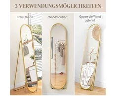 HOMCOM Viso ilgio veidrodis, 160 x 40 cm sieninis veidrodis su stovu, metalinis rėmas, ovalus pastatomas veidrodis svetainei, miegamajam, aukso spalvos