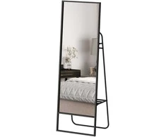 HOMCOM viso kūno veidrodis 157 x 50 cm, stačiakampis pastatomas veidrodis su lentyna, 2 kabliukais ir metaliniu rėmu, didelis veidrodis miegamajam, svetainei, prieškambariui, Juodas