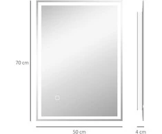 HOMCOM vonios veidrodis su apšvietimu 70 x 50 cm, LED veidrodis su atminties funkcija, sieninis veidrodis su jutikliniu jungikliu, nerasojantis apšviečiamas veidrodis su 3 šviesos spalvomis, baltas