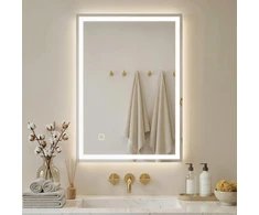 HOMCOM vonios veidrodis su apšvietimu 70 x 50 cm, LED veidrodis su atminties funkcija, sieninis veidrodis su jutikliniu jungikliu, nerasojantis apšviečiamas veidrodis su 3 šviesos spalvomis, baltas