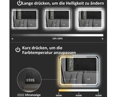 HOMCOM vonios veidrodis su apšvietimu 70x90 cm, LED veidrodis, sieninis veidrodis su Bluetooth muzikos funkcija, laikrodis, jutiklinis jungiklis, atminties funkcija, šviesos veidrodis be rasojimo, su 3 šviesos spalvomis, sidabrinis