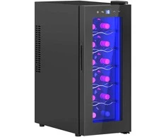 HOMCOM vyno šaldytuvas 12 butelių 30L 8-18℃ dvigubas termoelektrinis butelių šaldytuvas su stiklinėmis durelėmis, gėrimų šaldytuvas su LED apšvietimu, mažas vyno šaldytuvas su jutikliniu ekranu, juodas