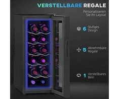 HOMCOM Vyno šaldytuvas 12 butelių 30L 8-18 ℃ Dvigubas termoelektrinis butelių šaldytuvas su stiklinėmis durimis, gėrimų šaldytuvas su LED apšvietimu, mažas vyno šaldytuvas su jutikliniu ekranu Juoda