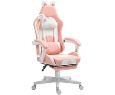 "HOMCOM" žaidimų kėdė Ergonomiška žaidėjų kėdė su juosmens atrama, kojų atrama, žaidimų kėdė su katės ausimis, galvos pagalvėle, reguliuojamo aukščio biuro kėdė su reguliuojama atsilenkimo funkcija Rausva