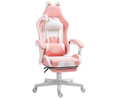 HOMCOM žaidimų kėdė, ergonomiška kėdė žaidėjams su juosmens atrama, kojų atrama, žaidimų fotelis su katės ausytėmis, galvos atrama, reguliuojamo aukščio biuro kėdė su atlošiama funkcija, rožinė