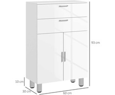 kleankin Vonios spintelė, šoninė spintelė su 2 blizgiais baltos spalvos stalčiais, durelėmis, vonios spintelė su reguliuojama lentyna, laikymo spintelė svetainei, 60 x 30 x 93 cm