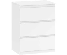 Komoda su 3 stalčiais, skirta svetainei, miegamajam, koridoriui. Medžiaga: medžio drožlių plokštė. Spalva: balta.