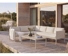 Lauko baldų komplektas Beliani Lauko kampinė sofa su staliuku 5 asmenims TONARA, metalinė, šviesiai smėlio spalvos, dešininė