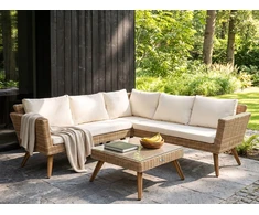Lauko baldų komplektas Beliani Sodo kampinė sofa su staliuku 6 asmenims VITTORIA technoratanas, kreminė balta