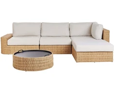 Lauko baldų komplektas Beliani Sodo kampinė sofa su staliuku 4 asmenims OLIVERI Kairinė Smėlio spalvos dirbtinis ratanas