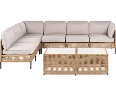 Lauko baldų komplektas Beliani Sodo kampinė sofa su staliuku 6 asmenims OMEGANA šviesiai smėlio spalvos iš technoratano, modulinė