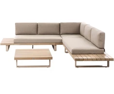 Lauko baldų komplektas Beliani Sodo kampinė sofa su staliuku 5 asmenims MYKONOS, sertifikuota akacijos mediena, smėlio ir pilkos spalvos, dešininė