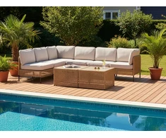 Lauko baldų komplektas Beliani Sodo kampinė sofa su staliuku 6 asmenims OMEGANA šviesiai smėlio spalvos iš technoratano, modulinė