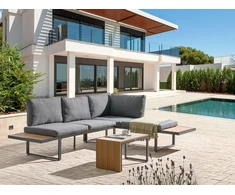 Lauko baldų komplektas Beliani Sodo kampinė sofa su staliuku 4 asmenims PIENZA kairinė, šviesiai ruda/pilka