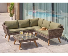 Lauko baldų komplektas Beliani Sodo kampinė sofa su staliuku 6 asmenims VITTORIA iš technorattano, alyvuogių spalvos