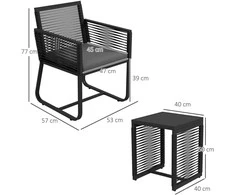 Lauko baldų komplektas Outsunny 3 dalių rotango sodo baldų komplektas, sėdimoji grupė, sodo baldų rinkinys su 2 sodo kėdėmis, šoniniu staliuku su grūdinto stiklo stalviršiu, pagalvėlėmis, balkonui, juodas